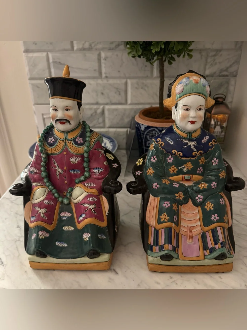 Pair of Chinoiserie Ceramic Statues